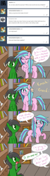 Size: 1280x4497 | Tagged: safe, artist:hummingway, imported from derpibooru, oc, oc only, oc:feather hummingway, oc:swirly shells, absurd resolution, ask-humming-way, dialogue, exclamation point, speech bubble, tumblr, tumblr comic