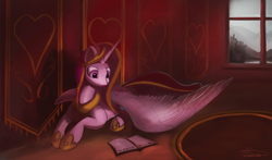 Size: 4000x2350 | Tagged: safe, artist:auroriia, imported from derpibooru, princess cadance, queen chrysalis, alicorn, changeling, pony, absurd resolution, bed, book, crown, female, jewelry, large wings, prone, reading, regalia, silhouette, smiling, solo, updated, when you see it, window, wings