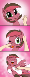 Size: 2481x6335 | Tagged: safe, artist:doublewbrothers, imported from derpibooru, oc, oc only, oc:artista, pegasus, pony, absurd resolution, amputee, boop, comic, commission, cute, ear scratch, eyes closed, female, glasses, gradient background, hand, laughing, looking at you, mare, missing limb, ocbetes, one eye closed, one winged pegasus, peg leg, pony simulator, prosthetic leg, prosthetic limb, prosthetics, smiling, tickling, tongue out, wink