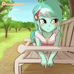 Size: 750x750 | Tagged: safe, artist:lumineko, imported from derpibooru, lyra heartstrings, equestria girls, all fours, bench, blushing, clothes, cute, female, humans doing horse things, jewelry, kneeling, lyra doing lyra things, lyrabetes, necklace, park, patreon, patreon logo, prone, smiling, solo, tree