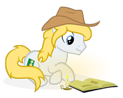 Size: 6667x5333 | Tagged: safe, artist:besttubahorse, imported from derpibooru, oc, oc only, oc:hickory switch, earth pony, pony, absurd resolution, blonde mane, blue eyes, book, candle, clothes, cowboy hat, cutie mark, hat, lying down, male, reading, show accurate, simple background, solo, stetson, transparent background, vector, white pony