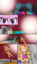 Size: 2916x4966 | Tagged: safe, artist:deannaphantom13, imported from derpibooru, applejack, blueberry cake, dj pon-3, fluttershy, microchips, pinkie pie, rainbow dash, rarity, sandalwood, sunset shimmer, twilight sparkle, vinyl scratch, watermelody, comic:equestrian city, equestria girls, rainbow rocks, absurd resolution, bare shoulders, belly button, boots, bracelet, city, clothes, comic, equestrian city, high heel boots, humane five, humane six, jewelry, mane six, midriff, shoes, sleeveless, strapless, sun