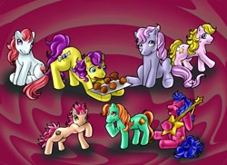 Size: 983x714 | Tagged: safe, artist:lord-evell, imported from derpibooru, bon bon (g1), bright eyes, clover (g1), melody, patch (g1), starlight (g1), sweetheart, my little pony tales, 7 pony friends, baking sheet, food, g1, guitar, hoof hold, muffin