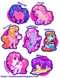 Size: 464x600 | Tagged: safe, artist:zambicandy, imported from derpibooru, bon bon (g1), bright eyes, clover (g1), melody, patch (g1), starlight (g1), sweetheart, my little pony tales, 7 pony friends, bipedal, g1, paint tool sai, photoshop