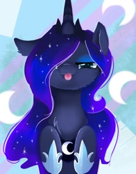 Size: 1188x1518 | Tagged: safe, artist:nutty-stardragon, imported from derpibooru, princess luna, pony, cheek fluff, chest fluff, cute, female, lunabetes, solo, tongue out