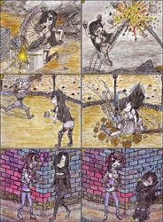 Size: 1280x1736 | Tagged: safe, artist:meiyeezhu, imported from derpibooru, limestone pie, marble pie, oc, oc:sparking gem, human, air kick, anime, arena, armed, baseball bat, begging, breasts, brick wall, busty marble pie, chopping, cinder block, clothes, club, club (weapon), comic, contradiction, coward, crime, criminal, crying, disarmed, fanart, fangs, female, fight, fingerless gloves, gloves, high kick, horns, humanized, jumping, karate, kick, kicking, kneeling, knife, knockout, leg warmers, major miners, marble, martial arts, mugging, nail, old master q, open-chest sweater, out of character, praying, reference, ripped pants, rock, sad, scared, skirt, slam, spiked club, stockings, super strength, sweater, thief, thigh highs, torn clothes, traditional art, training, unexpected