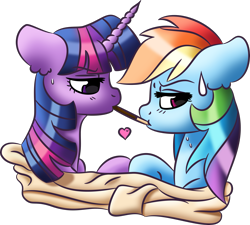 Size: 2525x2268 | Tagged: safe, artist:mr-pony-man, artist:themoonraven, imported from derpibooru, rainbow dash, twilight sparkle, pegasus, pony, unicorn, collaboration, duo, female, food, heart, lesbian, pocky, shipping, simple background, transparent background, tsunderainbow, tsundere, tsunlight sparkle, twidash