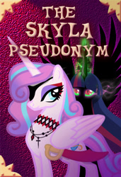 Size: 339x497 | Tagged: safe, artist:iisaw, imported from derpibooru, princess flurry heart, twilight sparkle, alicorn, pony, crystal horn, dark magic, eyepatch, fanfic, fanfic art, fanfic cover, horn, magic, makeup, nightmare twilight, nightmarified, older, pirate, scar, sombra eyes, twilight sparkle (alicorn)