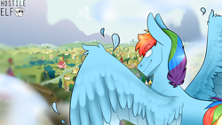 Size: 3000x1691 | Tagged: safe, artist:hostile-elf, imported from derpibooru, rainbow dash, pegasus, pony, male, ponyville, rainbow blitz, rule 63, solo, stallion