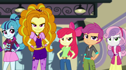 Size: 1280x714 | Tagged: safe, imported from derpibooru, adagio dazzle, apple bloom, scootaloo, sonata dusk, sweetie belle, equestria girls, rainbow rocks, angry, evil grin, grin, hand on hip, looking at you, smiling, the cutie mark crusaders are not amused