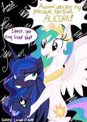 Size: 3445x4823 | Tagged: safe, artist:darkest-lunar-flower, imported from derpibooru, princess celestia, princess luna, alicorn, pony, absurd resolution, big sislestia, bipedal, blushing, celestia is amused, cuddling, cute, embarrassed, female, frown, glare, gritted teeth, hape, holding a pony, hug, insult, luna is not amused, open mouth, personal space invasion, sibling love, siblings, sisterly love, sisters, size difference, smiling, snuggling, spread wings, varying degrees of amusement, varying degrees of want