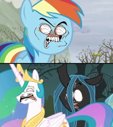 Size: 720x811 | Tagged: safe, imported from derpibooru, princess celestia, queen chrysalis, rainbow dash, alicorn, changeling, pegasus, pony, context is for the weak, demickey, dragonzball p, meme, meme face, oney, wat