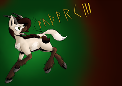 Size: 1024x724 | Tagged: safe, artist:darkhestur, imported from derpibooru, oc, oc only, oc:thyra, hybrid, pony, elder futhark, futhark, goat-pony, horns, one word, runes, simple background, solo, unshorn fetlocks, yelling