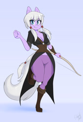 Size: 1175x1725 | Tagged: safe, artist:skecchiart, imported from derpibooru, oc, oc only, anthro, earth pony, plantigrade anthro, anthro oc, bow (weapon), cleavage, clothes, commission, female, looking at you, mare, smiling, solo, wide hips