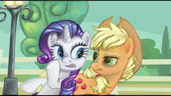 Size: 1360x768 | Tagged: safe, artist:cloudyhills, imported from derpibooru, applejack, rarity, female, lesbian, rarijack, scene interpretation, shipping