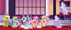 Size: 2637x1126 | Tagged: safe, artist:eli-j-brony, imported from derpibooru, apple bloom, applejack, diamond tiara, fluttershy, pinkie pie, rainbow dash, rarity, scootaloo, silver spoon, sweetie belle, twilight sparkle, clothes, cutie mark crusaders, disguise, dress, gala dress, mane six