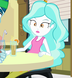 Size: 772x831 | Tagged: safe, imported from derpibooru, screencap, captain planet, paisley, equestria girls, :|, clothes, confused, cropped, drink, female, floral print, food, jeans, milkshake, offscreen character, offscreen human, orange, pants, sleeveless, solo, table, tanktop, wide eyes