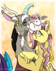 Size: 900x1131 | Tagged: safe, artist:inuhoshi-to-darkpen, imported from derpibooru, angel bunny, discord, fluttershy, draconequus, pegasus, pony, discoshy, feathered fetlocks, female, interrupted, jealous, male, one eye closed, pushing, shipping, shipping denied, straight, trio, unamused, unshorn fetlocks