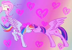 Size: 1000x700 | Tagged: safe, artist:sherradestrix, imported from derpibooru, fluttershy, rainbow dash, twilight sparkle, alicorn, pony, eyes closed, female, heart, lesbian, rainbow background, shipping, twidash, twilight sparkle (alicorn), yay