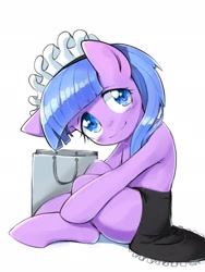 Size: 1536x2048 | Tagged: safe, artist:30clock, imported from derpibooru, tote bag (character), tote bag (g4), earth pony, pony, clothes, female, maid, mare, simple background, sitting, smiling, solo