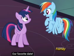 Size: 500x378 | Tagged: safe, edit, imported from derpibooru, screencap, rainbow dash, twilight sparkle, alicorn, pegasus, pony, a hearth's warming tail, flying, implied lesbian, implied shipping, implied twidash, meme, out of context, twilight sparkle (alicorn), youtube caption