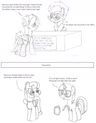 Size: 1200x1534 | Tagged: safe, artist:dsb71013, imported from derpibooru, oc, oc only, oc:amber spark, oc:brisk iron, oc:rhapsody, pegasus, pony, unicorn, clothes, comic, glasses, levitation, magic, monochrome, socks, telekinesis