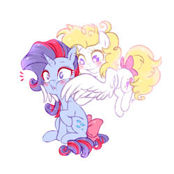 Size: 800x800 | Tagged: safe, artist:jumblehorse, deleted from derpibooru, imported from derpibooru, sparkler (g1), surprise, cheek squish, cute, duo, flying, g1, squishy cheeks, surprised