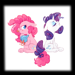Size: 800x800 | Tagged: safe, artist:jumblehorse, deleted from derpibooru, imported from derpibooru, pinkie pie, rarity, pony, spoiler:comic15, back to back, cute, eyes closed, female, floppy ears, grumpy, hermit crab, lesbian, onomatopoeia, pouting, raripie, raspberry, raspberry noise, shipping, sitting, tongue out