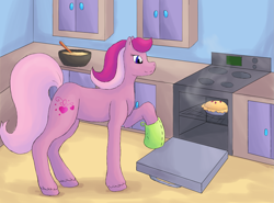 Size: 2243x1664 | Tagged: safe, artist:rikakitty, imported from derpibooru, sweet berry, sweetberry, earth pony, pony, female, food, g2, oven, pie, solo, unshorn fetlocks