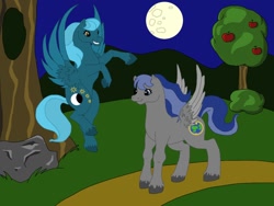 Size: 1024x768 | Tagged: safe, artist:iluvchedda, imported from derpibooru, oc, oc only, oc:blue moon, oc:radieux, pegasus, pony, apple tree, g2, moon, night, rock, tree, unshorn fetlocks