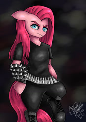 Size: 1024x1463 | Tagged: safe, artist:mannybcadavera, imported from derpibooru, pinkie pie, anthro, earth pony, plantigrade anthro, semi-anthro, arm hooves, boots, bullet belt, clothes, death metal, female, looking at you, metal, metalhead, pinkamena diane pie, punk, punkamena, punkie pie, shirt, signature, solo, spiked wristband, t-shirt, wristband