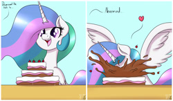 Size: 4120x2401 | Tagged: safe, artist:nexcoyotlgt, imported from derpibooru, princess celestia, alicorn, pony, absurd resolution, cake, cakelestia, cheek fluff, comic, cute, cutelestia, ear fluff, eating, eyes on the prize, faceplant, female, fluffy, food, happy, heart, majestic as fuck, messy eating, nom, offscreen character, open mouth, sillestia, silly, silly pony, smiling, solo, spread wings, that pony sure does love cakes