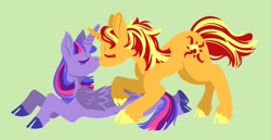 Size: 1280x663 | Tagged: safe, artist:lucheek, imported from derpibooru, sunset shimmer, twilight sparkle, alicorn, pony, unicorn, crossed horns, eyes closed, female, horn, horns are touching, kissing, lesbian, shipping, simple background, sunsetsparkle, twilight sparkle (alicorn)