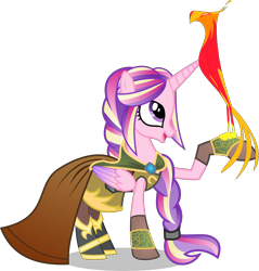 Size: 9000x9417 | Tagged: safe, artist:limedazzle, imported from derpibooru, philomena, princess cadance, phoenix, pony, absurd resolution, alternate hairstyle, braided ponytail, cape, clothes, open mouth, raised hoof, show accurate, simple background, transparent background, vector, zigs