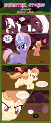 Size: 1919x4674 | Tagged: safe, artist:estories, imported from derpibooru, oc, oc only, oc:ace, oc:alice goldenfeather, oc:ice, oc:möbius, pegasus, pony, unicorn, comic:find yourself, absurd resolution, comic, crystal, female, glowing, glowing horn, horn, log, magic, male, mare, scar, stallion, telekinesis