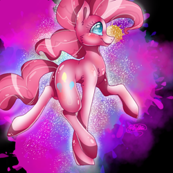 Size: 768x768 | Tagged: safe, artist:xharmany18, imported from derpibooru, pinkie pie, earth pony, pony, abstract background, blushing, female, solo, walking