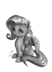 Size: 1880x2580 | Tagged: safe, artist:the-park, imported from derpibooru, fluttershy, female, flower, flower in hair, looking at you, monochrome, simple background, sitting, solo, white background, wings