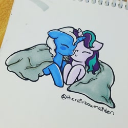 Size: 1280x1280 | Tagged: safe, artist:therainbowmaiden, imported from derpibooru, starlight glimmer, trixie, pony, unicorn, blanket, female, lesbian, shipping, startrix