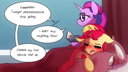 Size: 1280x720 | Tagged: safe, artist:little-tweenframes, deleted from derpibooru, imported from derpibooru, sci-twi, sunset shimmer, twilight sparkle, pony, series:sciset diary, bed, book, dialogue, eyes closed, female, glasses, hangover, lesbian, pillow, ponified, reading, scitwishimmer, shipping, speech bubble, sunsetsparkle