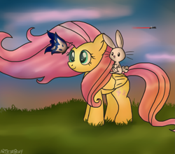 Size: 1629x1434 | Tagged: safe, artist:art3cakepony, imported from derpibooru, angel bunny, fluttershy, rainbow dash, butterfly, flying, twilight (astronomy), windswept mane