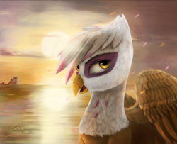 Size: 3042x2470 | Tagged: safe, artist:cattle32, imported from derpibooru, gilda, griffon, female, looking at you, ocean, open mouth, scenery, solo, sun, sunset