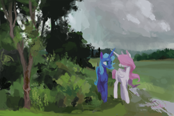 Size: 1280x855 | Tagged: safe, artist:sterfler, imported from derpibooru, princess celestia, princess luna, alicorn, pony, cloud, cloudy, duo, eye contact, female, field, grass, looking at each other, meadow, pink-mane celestia, rain, s1 luna, scenery, sisters, talking, tree, walking, younger