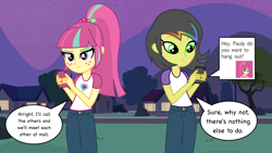 Size: 5760x3240 | Tagged: safe, artist:razethebeast, imported from derpibooru, sour sweet, oc, oc:pauly sentry, equestria girls, friendship games, absurd resolution, cellphone, clothes, dialogue, duo, duo female, equestria girls-ified, female, freckles, gift art, pants, phone, shirt, speech bubble, texting