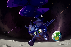 Size: 5547x3682 | Tagged: safe, artist:bloodatius, artist:luxaestas, imported from derpibooru, princess luna, alicorn, pony, absurd resolution, astronaut, earth, female, filly, galaxy mane, moon, shooting star, smiling, solo, space, stars, woona, younger