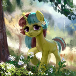 Size: 800x800 | Tagged: safe, artist:catmag, imported from derpibooru, oc, oc only, oc:mallow, pony, unicorn, female, flower, flower in hair, forest, mare, raised hoof, solo, tree