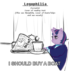 Size: 540x558 | Tagged: dead source, safe, artist:sehad, imported from derpibooru, twilight sparkle, anthro, big book of fetishes, blushing, clothes, educational, female, fetish, i should buy a boat, meme, newspaper, simple, simple background, sketch, solo, suit, table, white background