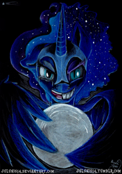 Size: 1638x2323 | Tagged: safe, artist:julunis14, imported from derpibooru, nightmare moon, princess luna, crying, female, looking at you, moon, open mouth, simple background, solo, tangible heavenly object, traditional art