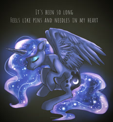 Size: 1004x1080 | Tagged: safe, artist:not-ordinary-pony, imported from derpibooru, princess luna, alicorn, pony, eyes closed, female, gradient background, pins and needles, sad, sitting, solo, song reference, spread wings, the birthday massacre