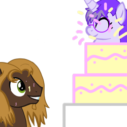 Size: 1000x1000 | Tagged: safe, artist:toyminator900, imported from derpibooru, oc, oc only, oc:glass sight, oc:mellow rhythm, pegasus, pony, unicorn, birthday, cake, cute, food, glasses, melsight, popping, shipping, simple background, stain, transparent background