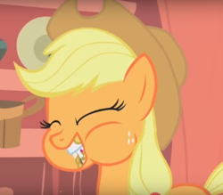 Size: 732x642 | Tagged: safe, imported from derpibooru, screencap, applejack, pony, look before you sleep, cropped, eating, eyes closed, female, mare, solo